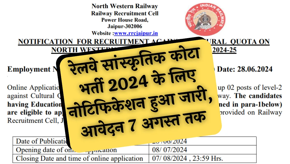 Railway Cultural Quota Vacancy 2024